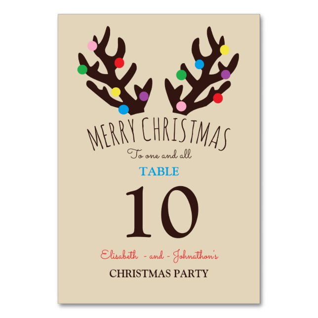 Festive Reindeer Antlers, Christmas Table Number (Front)