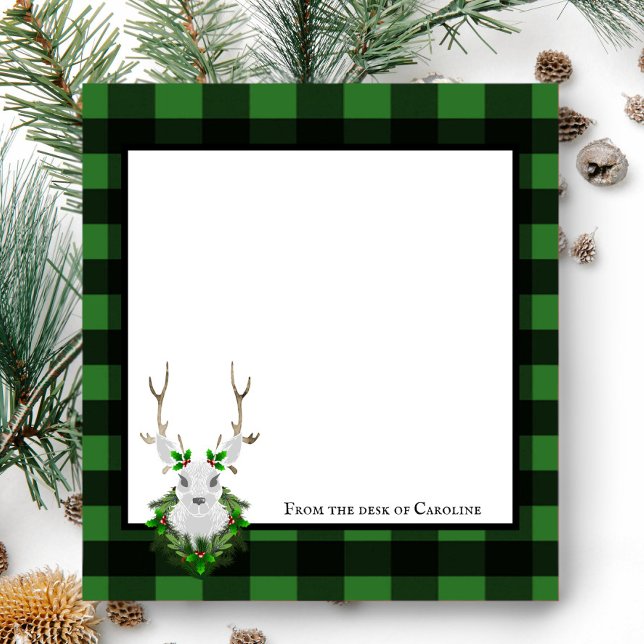 Festive Reindeer Buffalo Plaid Personalised Notepad (Black and Green Festive Reindeer Buffalo Plaid Personalized Notepad)