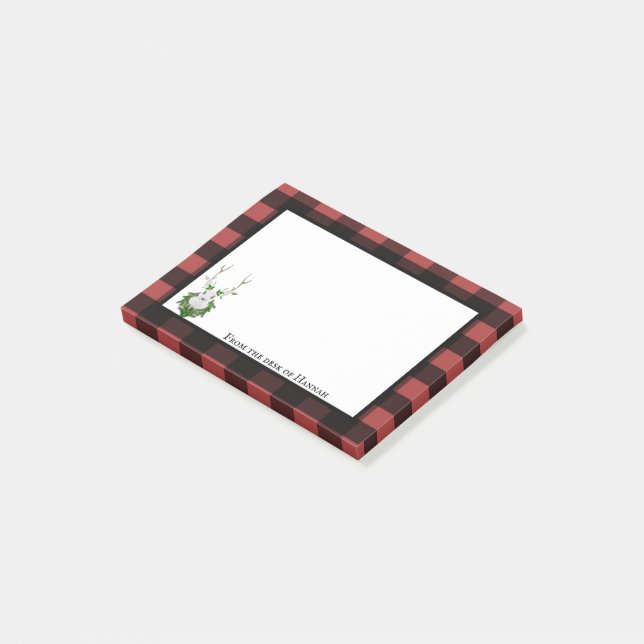 Festive Reindeer Buffalo Plaid Personalised Post-it Notes (Angled)