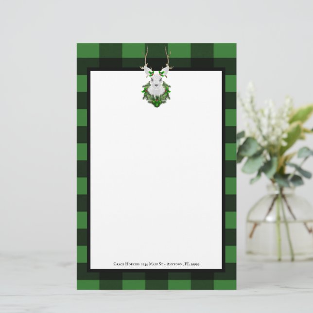 Festive Reindeer Buffalo Plaid Personalised Stationery (Standing Front)
