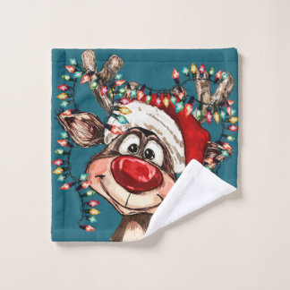 Festive Reindeer Christmas Shower Curtain Wash Cloth