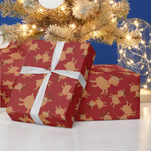 Festive Reindeer Dark Red Seamless Christmas Gift Wrapping Paper