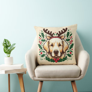 Festive Reindeer Golden Retriever Dog Holiday Xmas Cushion