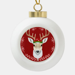 Festive Reindeer Illustration with Red Background Ceramic Ball Christmas Ornament
