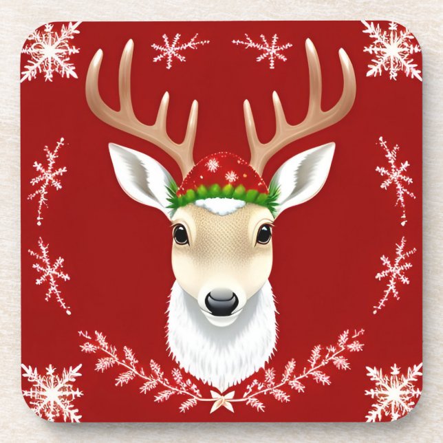 Festive Reindeer Illustration with Red Background Coaster (Front)