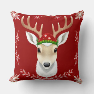 Festive Reindeer Illustration with Red Background Cushion
