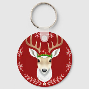 Festive Reindeer Illustration with Red Background Key Ring