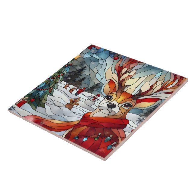 Festive reindeer in a snowy winter wonderland ceramic tile (Side)