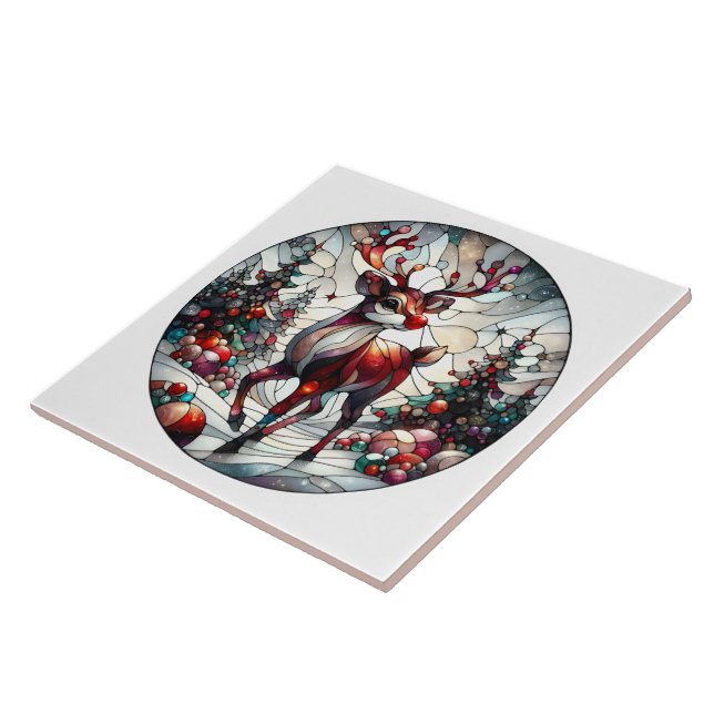 Festive reindeer in a whimsical winter landscape ceramic tile (Side)
