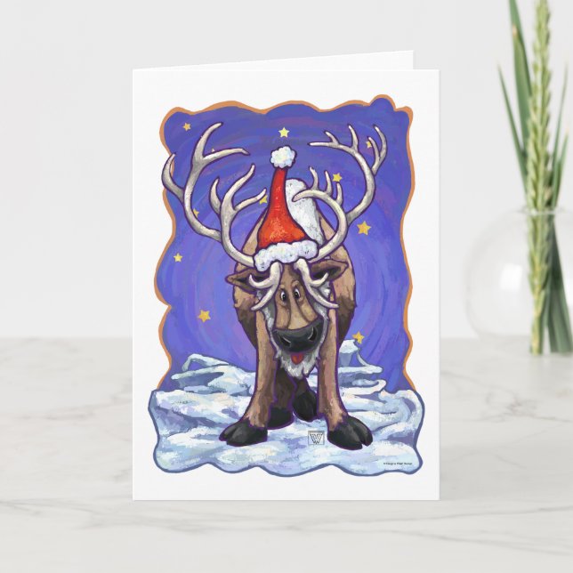 Festive Reindeer in Santa Hat Christmas Holiday Card (Front)