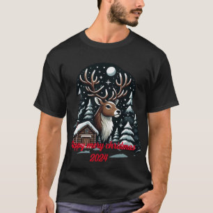 Festive Reindeer in Snowy Cabin Woods T-Shirt