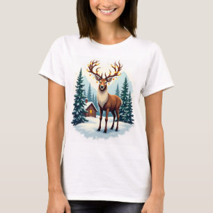 Festive Reindeer in Snowy Cabin Woods T-Shirt