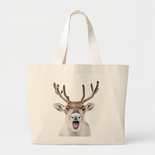 Festive Reindeer Large Tote Bag with Silly Faces (Front)