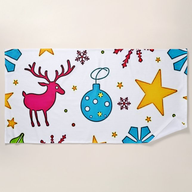 Festive Reindeer Magic Pattern Design Beach Towel (Front)