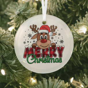 Festive Reindeer, Merry Christmas Glass Tree Decoration