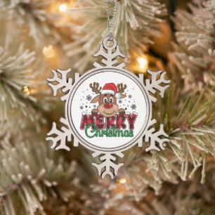 Festive Reindeer, Merry Christmas Snowflake Pewter Christmas Ornament