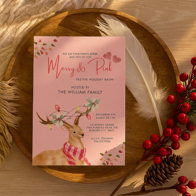 Festive Reindeer Merry & Pink Holiday Christmas Invitation (Creator Uploaded)