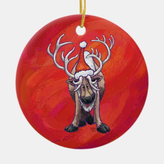 Festive Reindeer On Red and Green Ceramic Tree Decoration (Front)