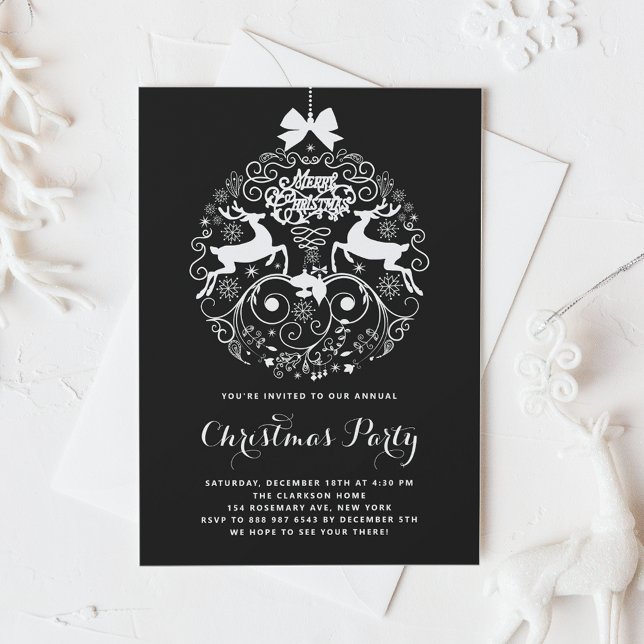 Festive Reindeer Ornament Black Christmas Party Invitation (Creator Uploaded)