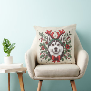 Festive Reindeer Siberian Husky Dog Christmas Cushion