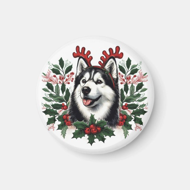 Festive Reindeer Siberian Husky Dog Christmas Magnet (Front)
