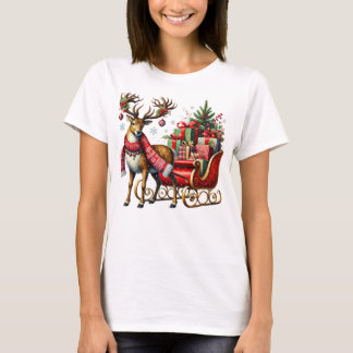 Festive Reindeer with Christmas Sleigh and Gifts T-Shirt