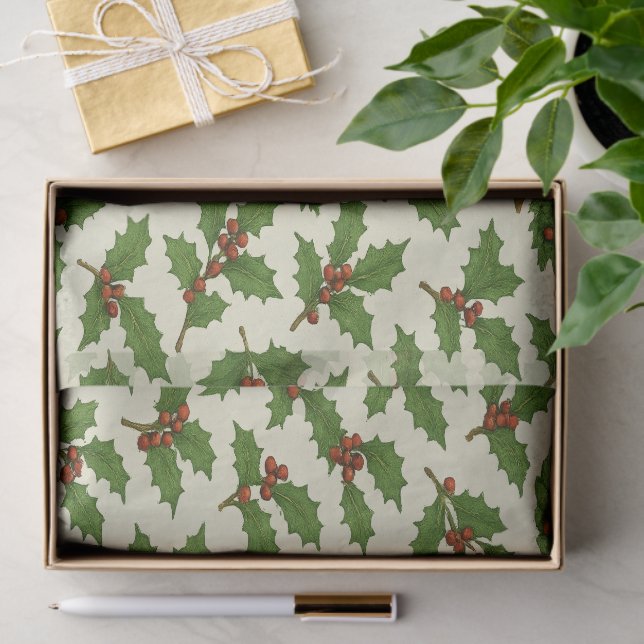 Festive Repeating Christmas Holly Leaf & Wreath Tissue Paper (Gift)