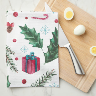 Festive Retro Christmas Mistletoe Pattern Tea Towel