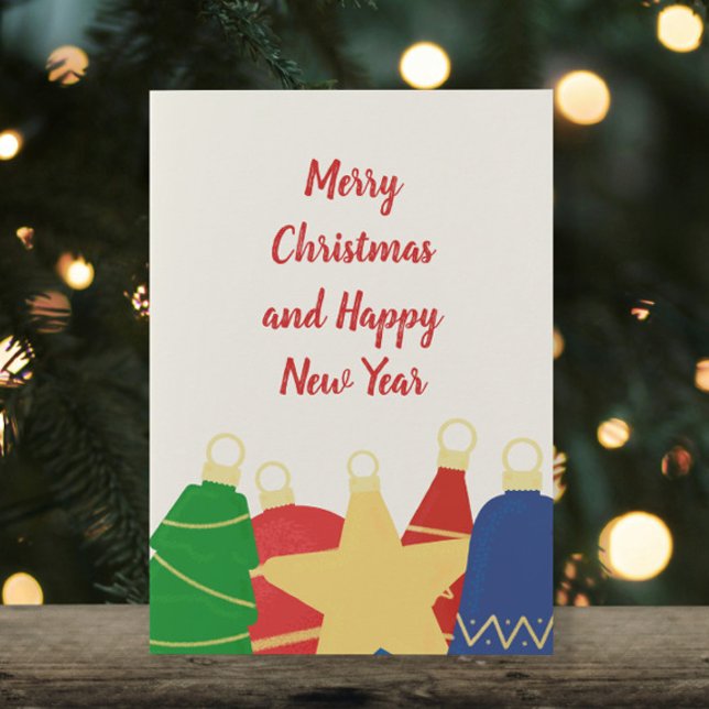 Festive retro Christmas ornaments Holiday Card (Cute retro Christmas card with vintage red, blue, gold and green Christmas ornaments with your photo)