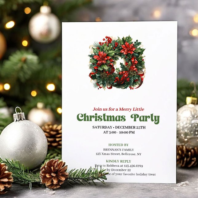 Festive Retro Christmas Wreath Party Invitation (Festive Retro Christmas Angel Party Invitation)