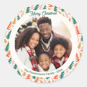 Festive Retro Holiday Tree Photo Classic Round Sticker