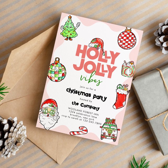 Festive Retro Holly Jolly Vibes Christmas Party Invitation (Creator Uploaded)