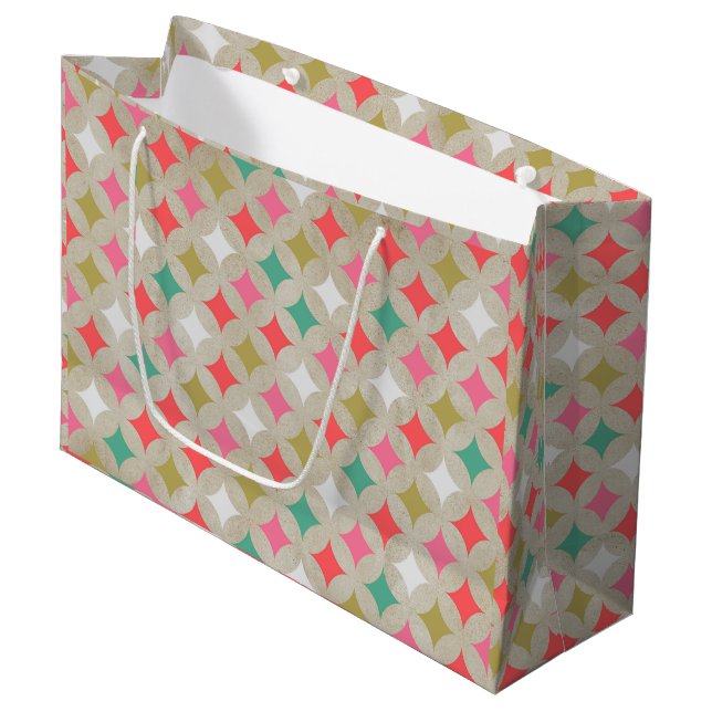 Festive Retro Pastel Pink Green Diamond Pattern Large Gift Bag (Front Angled)