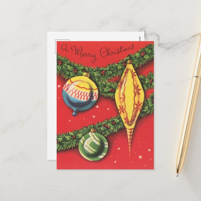 festive retro vintage Christmas bulbs Holiday Postcard (Front/Back In Situ)