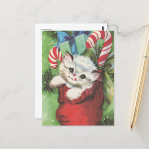 festive retro vintage Christmas cat Postcard