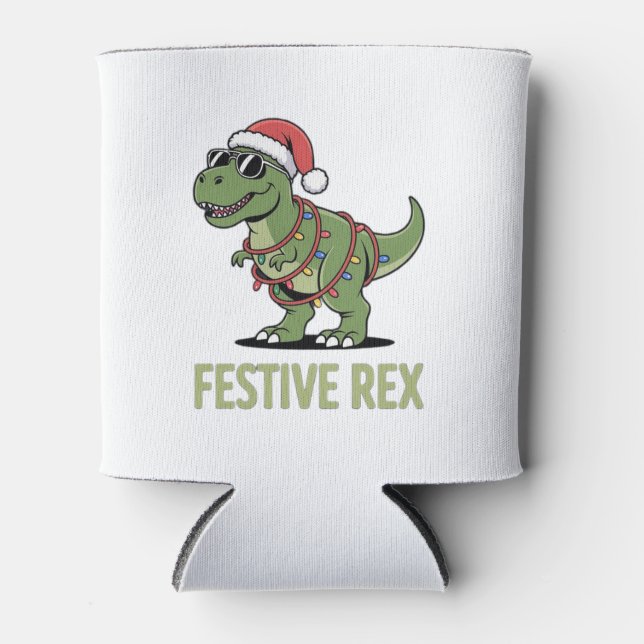 Festive Rex Dinosaur Holiday Cheer  Can Cooler (Front)