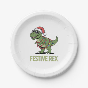 Festive Rex Dinosaur Holiday Cheer Paper Plate