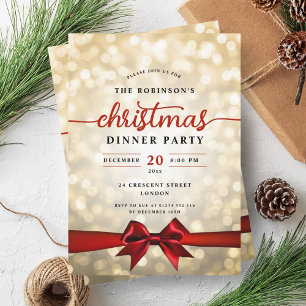 Festive Ribbon Gold Lights Christmas Party  Invitation