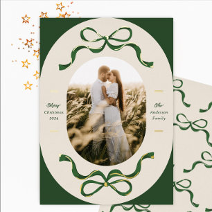 Festive Ribbons & Bows Green Real Gold Oval Photo Foil Holiday Card