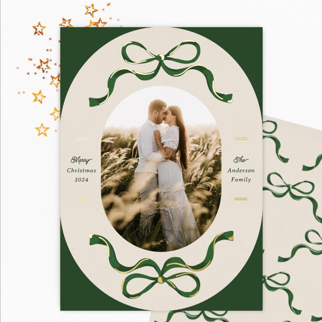 Festive Ribbons & Bows Green Real Gold Oval Photo Foil Holiday Card (Creator Uploaded)
