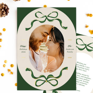 Festive Ribbons & Bows Green Real Gold Oval Photo Foil Holiday Card