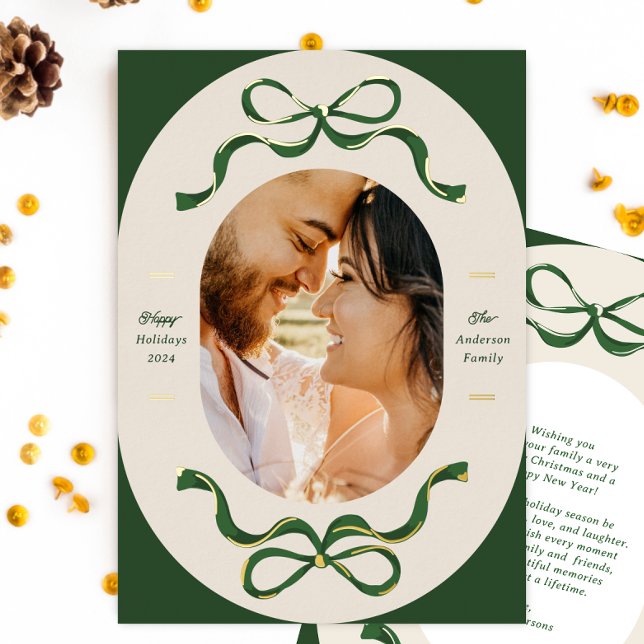 Festive Ribbons & Bows Green Real Gold Oval Photo Foil Holiday Card (Creator Uploaded)