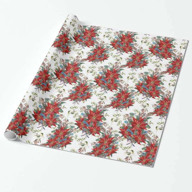 Festive Rich Red Poinsettia flower Wrapping Paper (Unrolled)