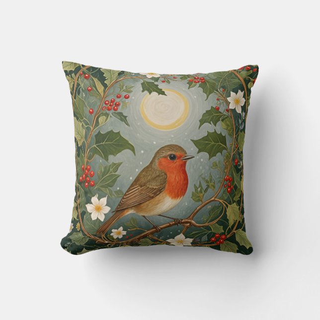Festive Robin and Holly Cushion (Front)