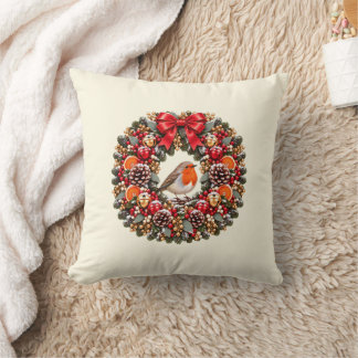 Festive Robin Christmas Wreath Jingle Bells Cushion