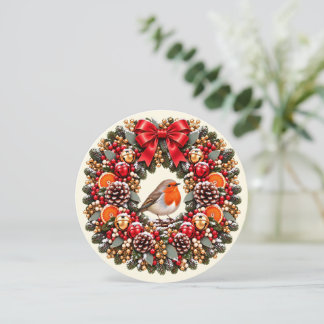 Festive Robin Christmas Wreath Jingle Bells Flat Card