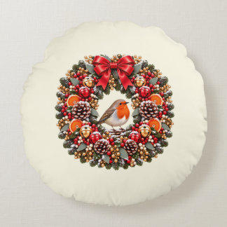 Festive Robin Christmas Wreath Jingle Bells Round Cushion