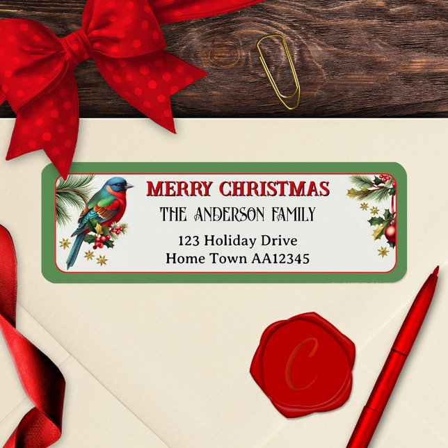 Festive Robin Merry Christmas Return Address Label (Merry Christmas return address label featuring a cute colorful robin with festive stars and holly)
