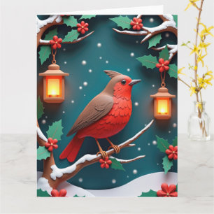 Festive Robin on Holly Branch Christmas Card