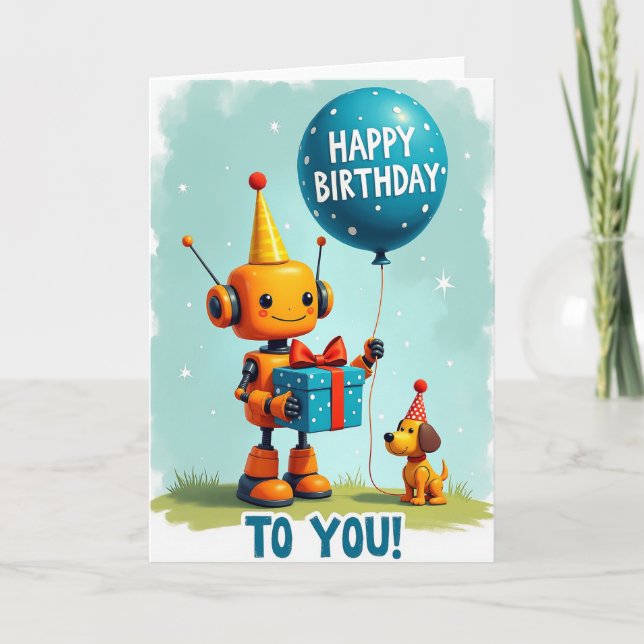 Festive Robot Birthday Card (Front)
